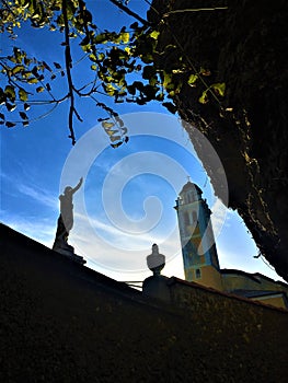 Portofino Italian village in Liguria region, Italy. Art, history, statue and church