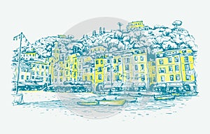 Portofino, Liguria. Sketch color vector  background with boats, and European houses on sea coast