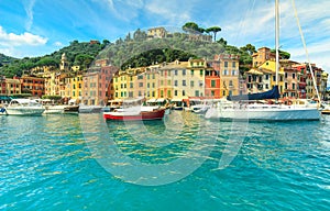 Portofino panorama,luxury harbor and colorful houses,Liguria,Italy,Europe