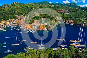 Portofino resort and harbor view from the hill, Liguria, Italy