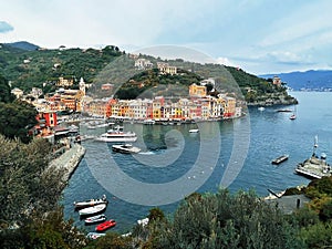 Portofino village aerial panorama, Genova,  Liguria, Italy