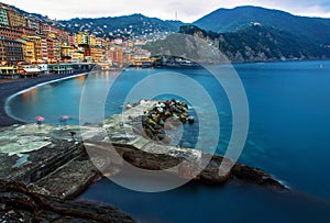 Portofino village aerial panorama at sunset, Liguria, Genova, Italy