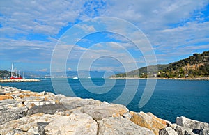 Portovenere, Italy View of Portovenere beach from the Church of Saint Peter and medieval stone castle. Liguria