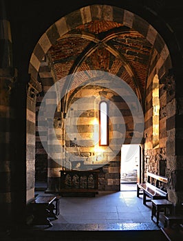 Portovenere La Spezia , Italy 31.03.2019.  Interior details of Medieval Church of San Pietro erected in 1198 with stone and marb