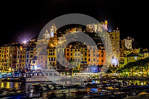 Portovenere by night/ Small harbour near 5 terre , La Spezia, Italy.