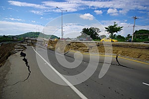 Portoviejo, Ecuador - April, 18, 2016: Asphalt cracked in road after devastating 7.8 earthquake.