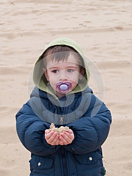 Portrait of a 3-year-old blond boy with a pacifier in his mouth