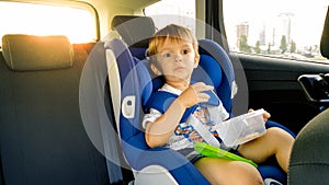 Portrait of 3 years old toddler boy sitting in child safety seat in car and eating cookies. Kids travelling in