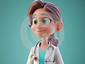 Portrait of 3d female doctor. Isomeric character. Woman in white coat with a stethoscope. Health care