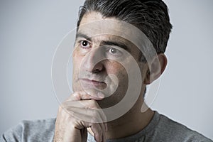 Portrait of 40s to 50s sad and worried man looking frustrated and hopeless in stress and sorrow face expression isolated