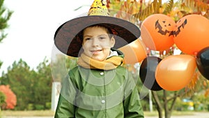 Portrait of 6 year old Halloween boy wearing witch hat in autumn park.