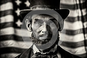 Portrait of Abraham Lincoln in a hat against the background of the flag of the United States of America.
