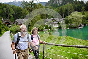 Portrait of active elderly couple hiking together in mountains. Senior tourists walking with trekking poles.