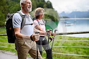 Portrait of active elderly couple hiking together in mountains. Senior tourists walking with trekking poles.