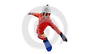 Portrait of active man, snowboarder in uniform riding on snowboard isolated over white studio background. Competiton