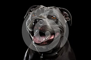 Portrait of an adorable black American Staffordshire Terrier, isolated on black background.