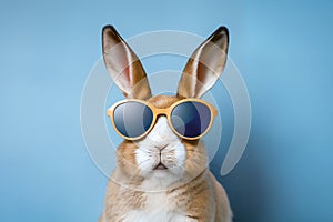 Portrait of adorable bunny wearing sunglasses close-up. Summertime vacation concept.