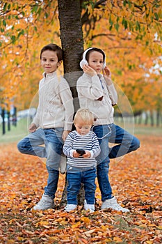 Portrait of adorable children, brothers, in autumn park,playing