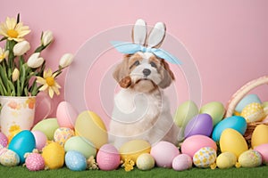 Portrait of adorable dog wearing an easter bunny costume with bunny ears surrounded by easter eggs