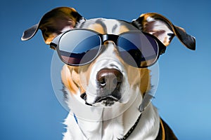 Portrait of adorable dog wearing sunglasses close-up. Summertime vacation concept.