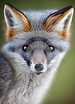 Portrait of an adorable fluffy gray fox