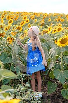 Portrait of adorable girl with sunflower on field