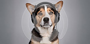 Portrait of an adorable, happy dog. Cute smiling dog listens to music on headphones on a gray background.