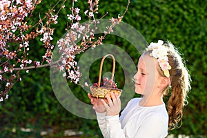 Portrait adorable little girl with basket of the fruits outdoor. Summer or Autumn. Harvest. Shavuot.