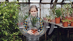 Portrait of adorable small girl in apron standing inside greenhouse, holding pot plant, smiling and laughing. Orcharding