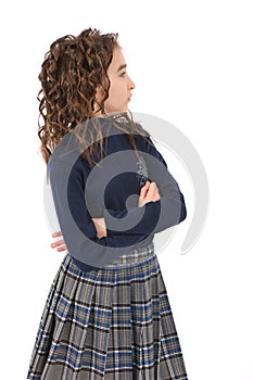 Portrait of adorable smiling girl child schoolgirl with curl hair