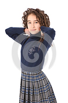 Portrait of adorable smiling girl child schoolgirl with curl hair