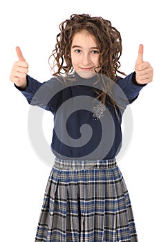 Portrait of adorable smiling girl child schoolgirl with curl hair