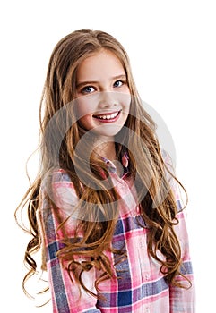 Portrait of adorable smiling little girl child preteen isolated