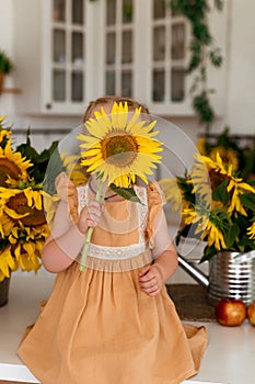 Portrait of adorable toddler girl and sunflower. Cute child covers her face with big blooming flower.