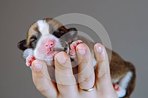 Portrait of adorable two-month-old puppy of dog pembroke welsh corgi sleeping resting on hand of unrecognizable woman.