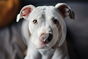portrait of a adorable white pitbull dog at home looking at camera