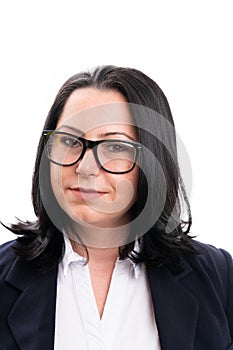 Portrait of adult businesswoman wearing glasses and suit