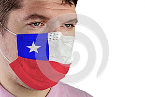 Portrait of adult caucasian man who wears protective mask on his face against influenza and protect health from bacteria. Image of