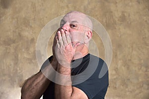 portrait adult man bald white beard face expression anger scared thoughtful male model gentleman in black clothes image