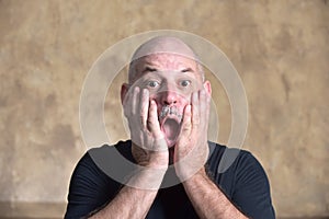 portrait adult man bald white beard face expression anger scared thoughtful male model gentleman in black clothes image