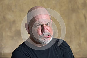 portrait adult man bald white beard face expression anger scared thoughtful male model gentleman in black clothes image