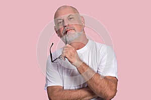 portrait adult man bald white beard face expression happy thoughtful male model gentleman in casual clothes image