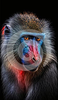Portrait of the adult mandrill in it\'s natural habitat, baboo on black background.