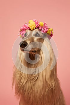 Portrait of an afghanistan hound, with flower wreath on head. Pets, decoration.