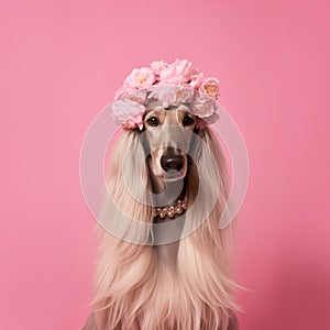 Portrait of an afghanistan hound, with flower wreath on head. Pets, decoration. AI generative, illustration