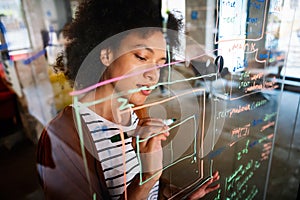 Portrait of african american female IT developer, programmer, designer working with programming code