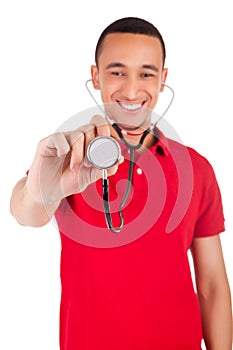 Portrait of African American male doctor or nurse smiling isolated