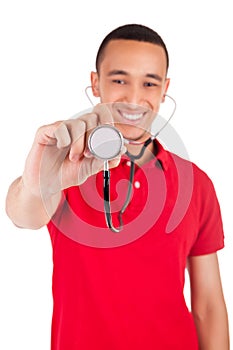 Portrait of African American male doctor or nurse smiling isolated