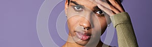 Portrait of african american man looking camera. Closeup face with sensual lips and eyes