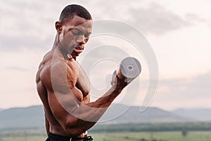 Portrait of african american muscular athlete lifting dumbbells against the sunset sky background